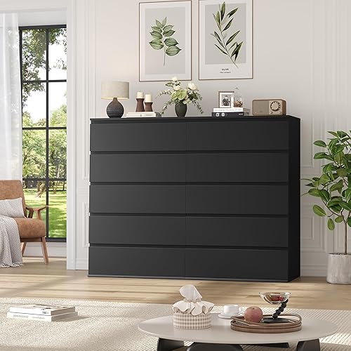 Miniatura 4 de FOTOSOK Cómoda negra, cómoda alta de 5 cajones con gran espacio de almacenamiento, cómoda de almacenamiento moderna, 23.6 pulgadas de largo x 15.7