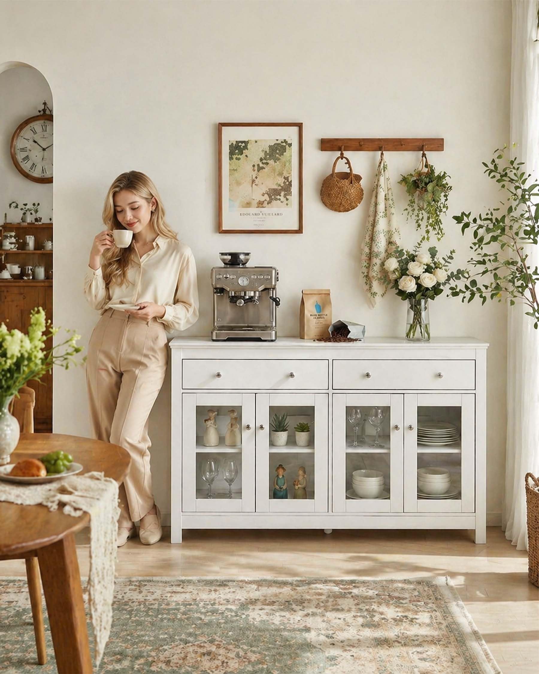 Aparador Blanco de Cocina, Mueble Auxiliar Moderno con Puertas de Vidrio y Alacena Grande con Cajones para Salón o Comedor 140x40x90.7cm