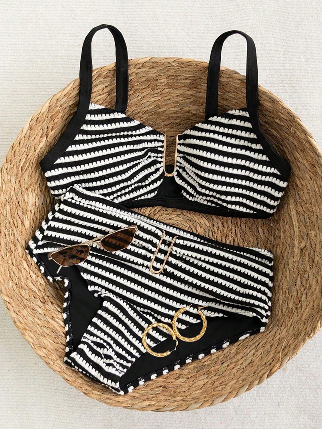 Bikini da donna a righe strutturato a vita alta Set con anello a U Due pezzi Costumi da bagno estivi Nero e Bianco L