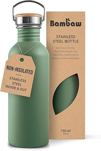 Miniatura 35 de Botella de agua de acero inoxidable Bambaw, botella deportiva negra, botella de agua no aislada, 1L de acero inoxidable, botella reutilizable, Negro
