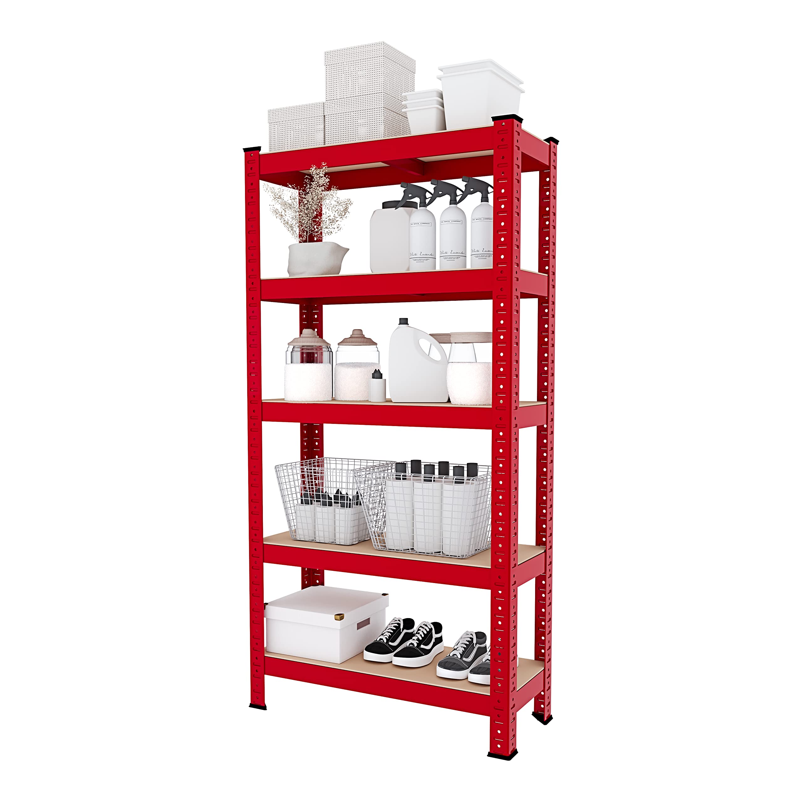 Bricozone Scaffale In Metallo E MDF Con 5 Ripiani Regolabili Scaffale Ad Alta Portata Fino a 875 kg 150 x 75 x 30 cm Ideale Per Garage Officina Cantina Capannone Magazzino Design Modulare (Red)