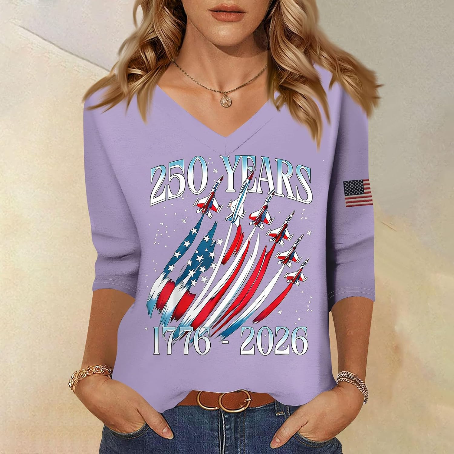 Women's 250 Anniversary USA Shirt, 3/4 Sleeve V-Neck Patriotic Shirt, 4Th of July T-Shirts, S-3XL