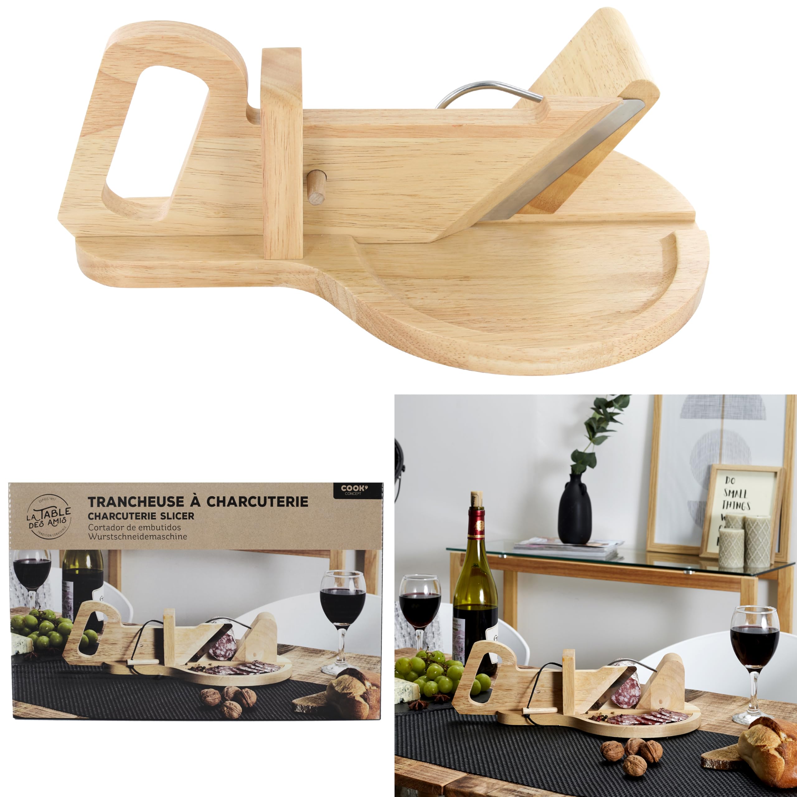 Trancheuse Guillotine Coupe Charcuterie Saucisson Manuelle Ronde Bois Inox Marron