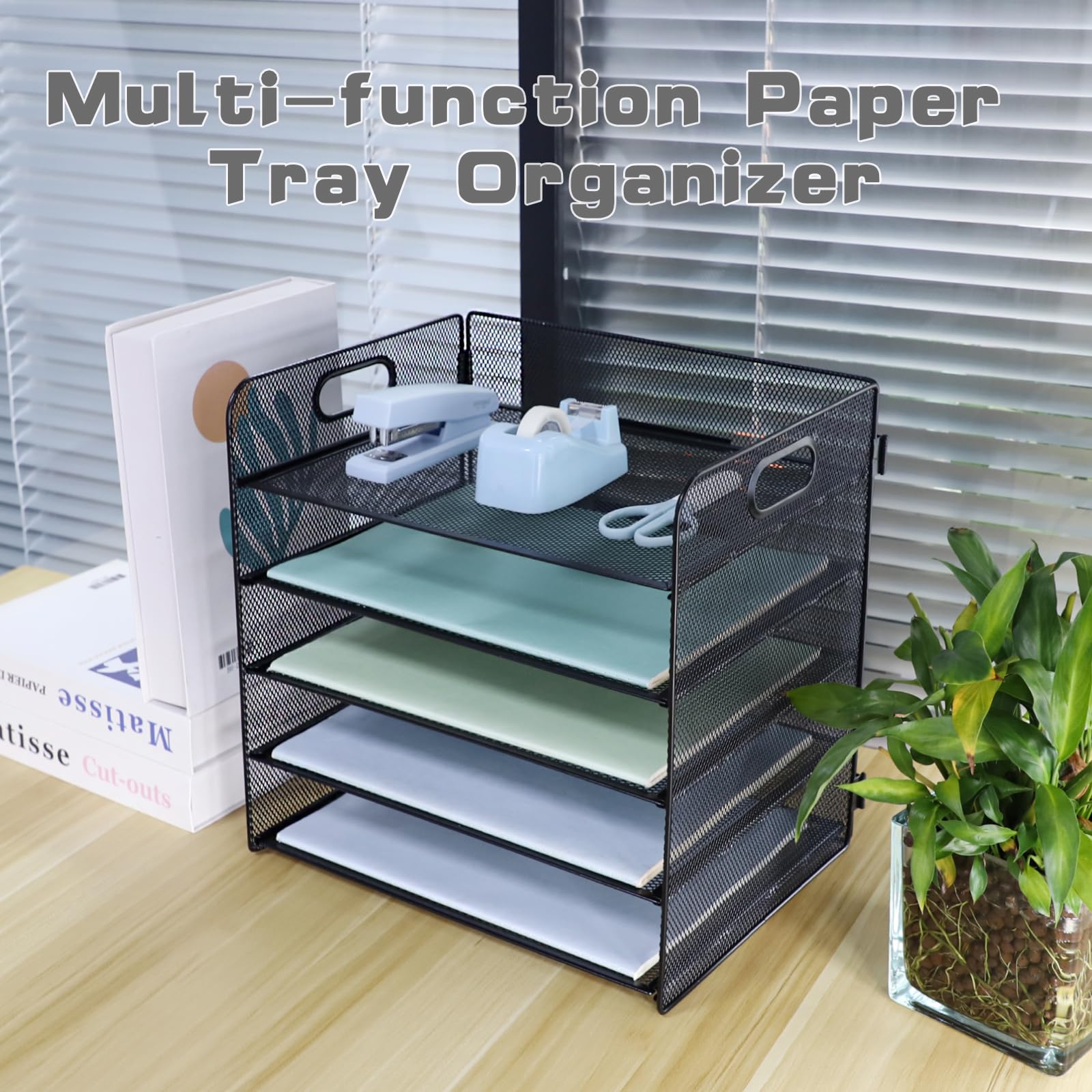 Organizador de papel de 5 niveles, bandeja de malla para cartas, revistas, archivos, almacenamiento para oficina, escuela, hogar, color negro