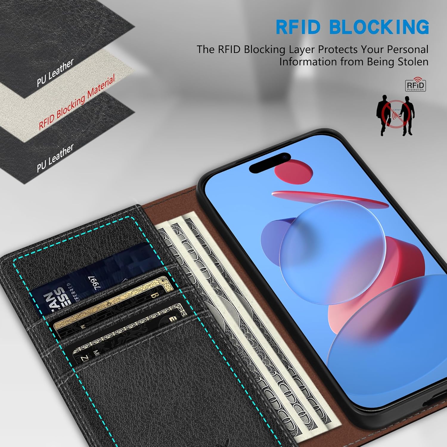 ZZXX for iPhone 17 Pro Max Wallet Case with [RFID Blocking] Card Slot Stand Strong Magnetic Leather Flip Fold Protective Phone Case for iPhone 17 Pro Max Case Wallet(Black-6.9 inch) - Image 2