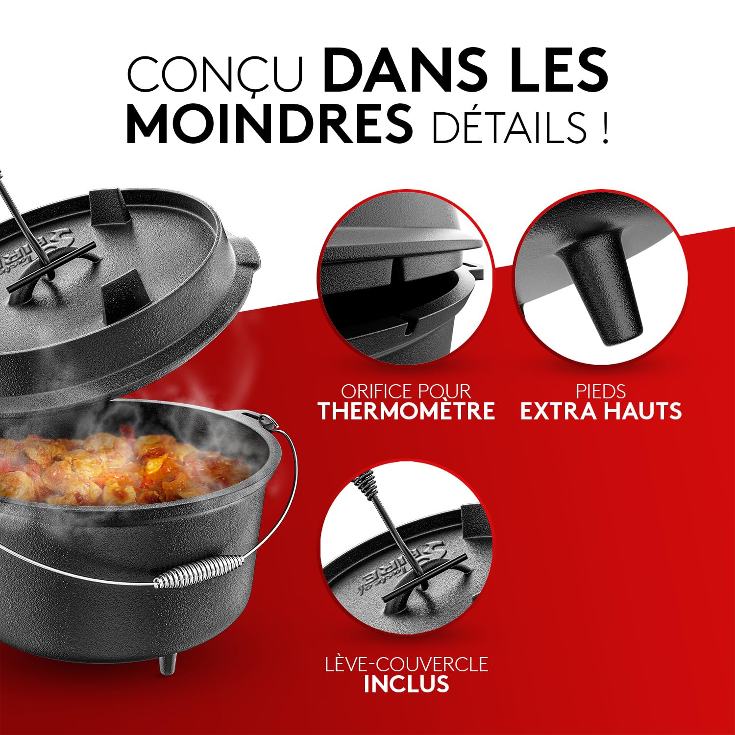 Taste of Fire L'Original Cocotte en Fonte Dutch Oven 7,4L avec Pieds Couvercle 1,8L Double Fonction Poêle à Griller Lève-Couvercle