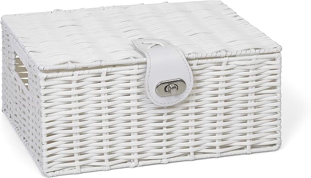 Arpan Small Resin Woven Storage Basket Box with Lid & Lock - White