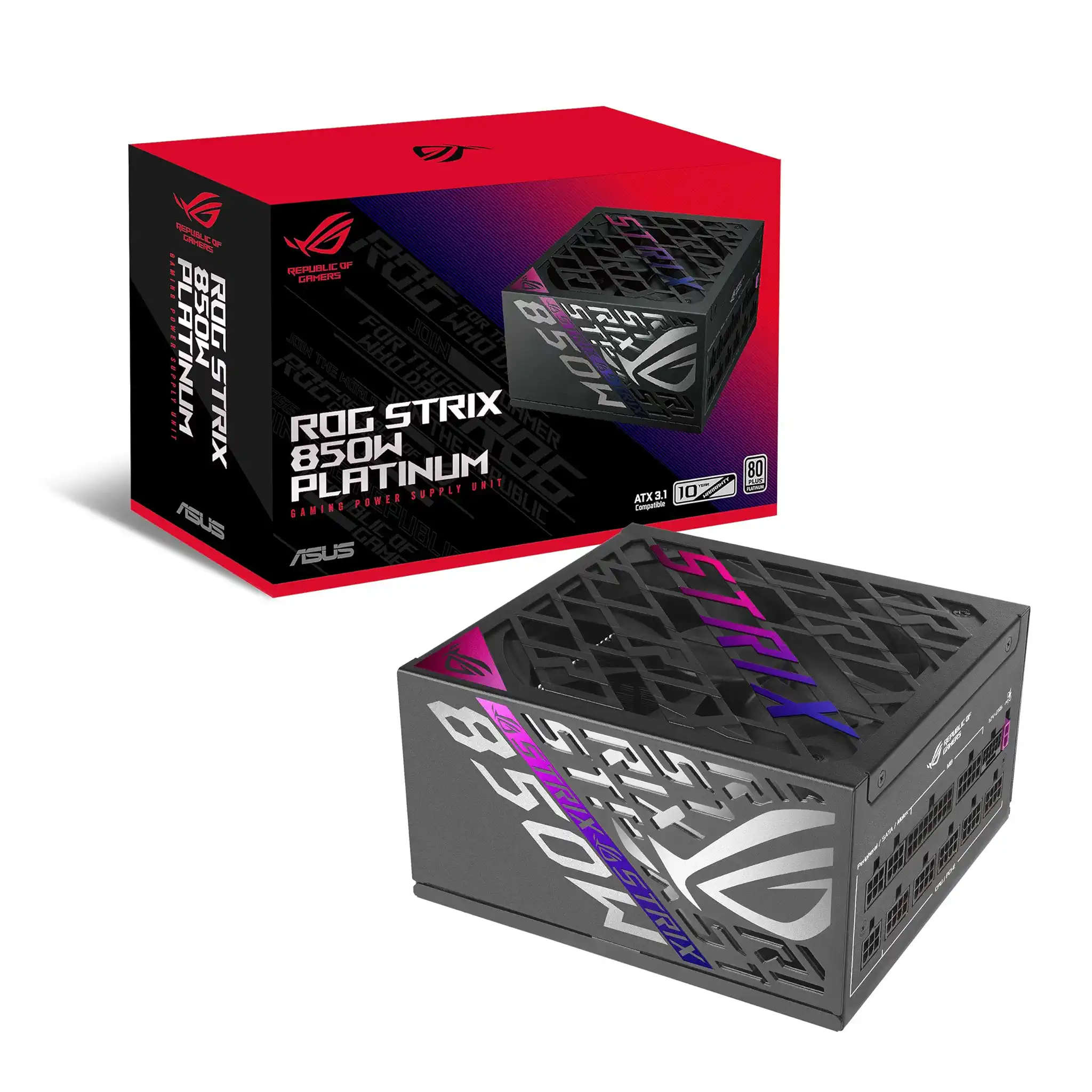 ASUS ROG Strix 850W Platinum Gaming Netzteil (Vollmodulares ATX Netzteil, GPU-First, 80 Plus Platin, Cybenetics Platinum Zertifizierung, GaN-MOSFET, ATX 3.1, PCIE 5.1, 12V-2x6 Connector)