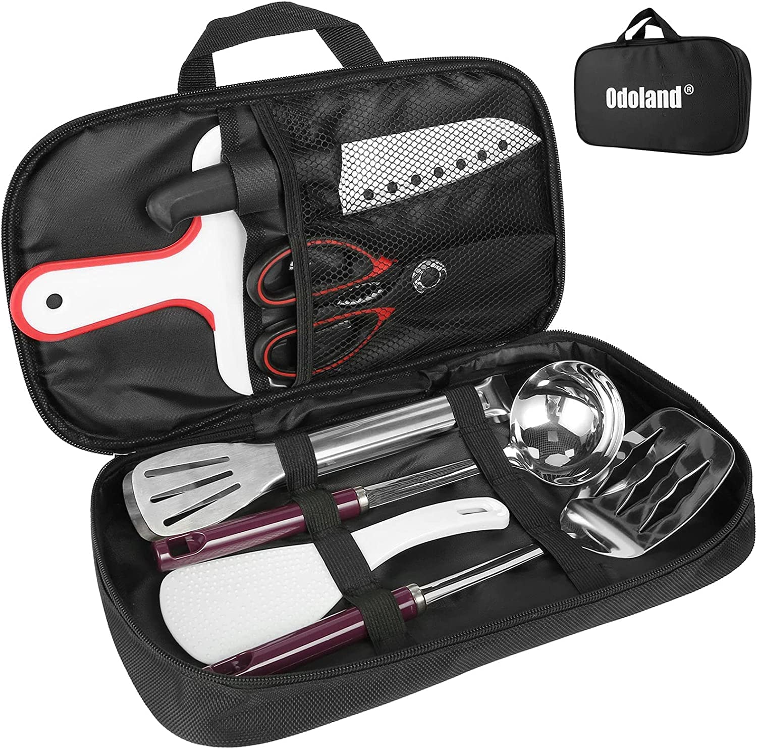 OdolandCamping Kitchen Utensil Organizer Travel Set with Tongs, Scissors, Cutting Board, Rice Paddle and Water Resistant Case for Indoor Daily Meal or Outdoor Hiking Picnic and Trekking