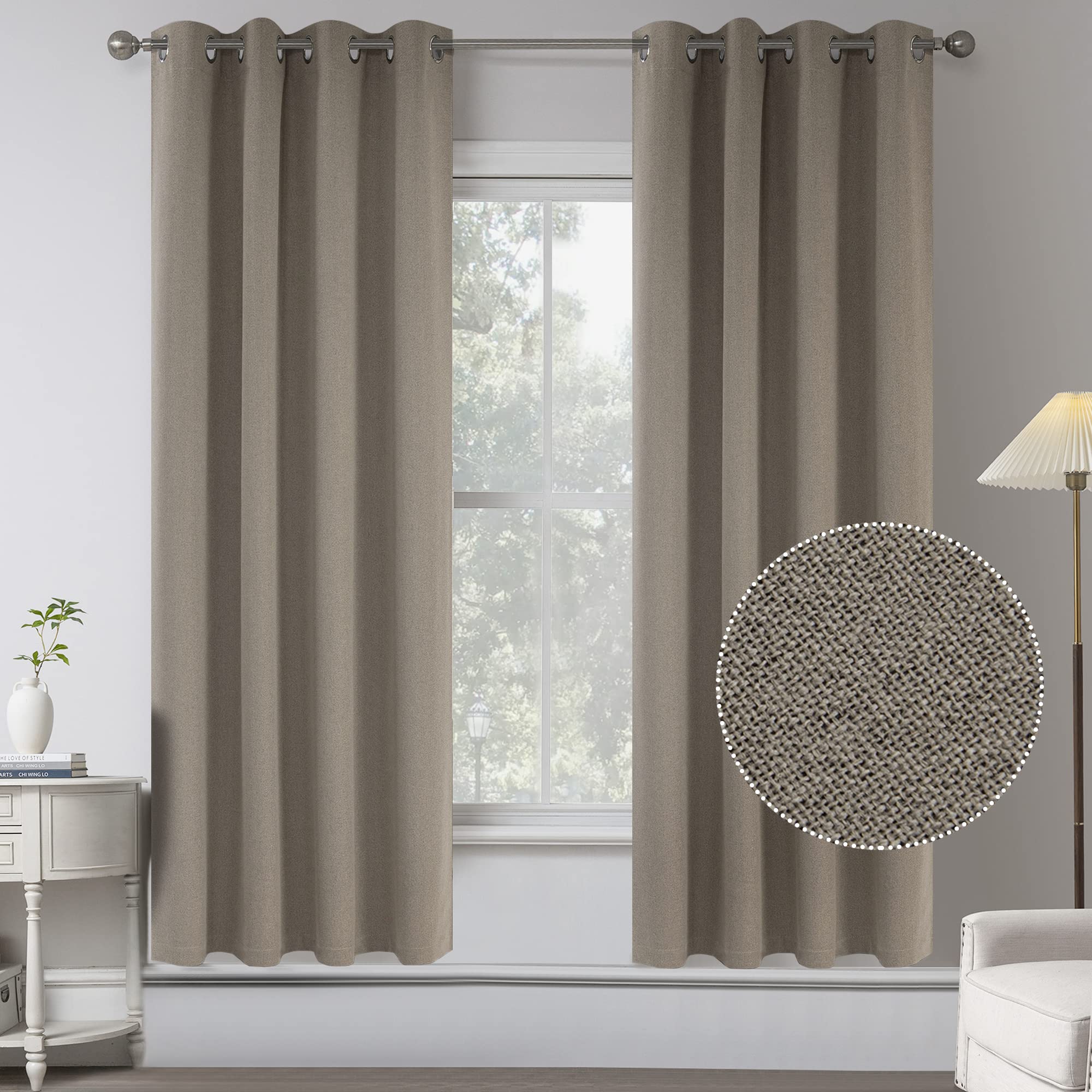 Linen Country Style Thermal Insulated Room Darkening 100% Sun Blocking Linen Drapes for Bedroom - Energy Saving Window Treatment Curtain Drapes for Living Room (Taupe,2 Panels,W 52 x L 72 Inch Length)