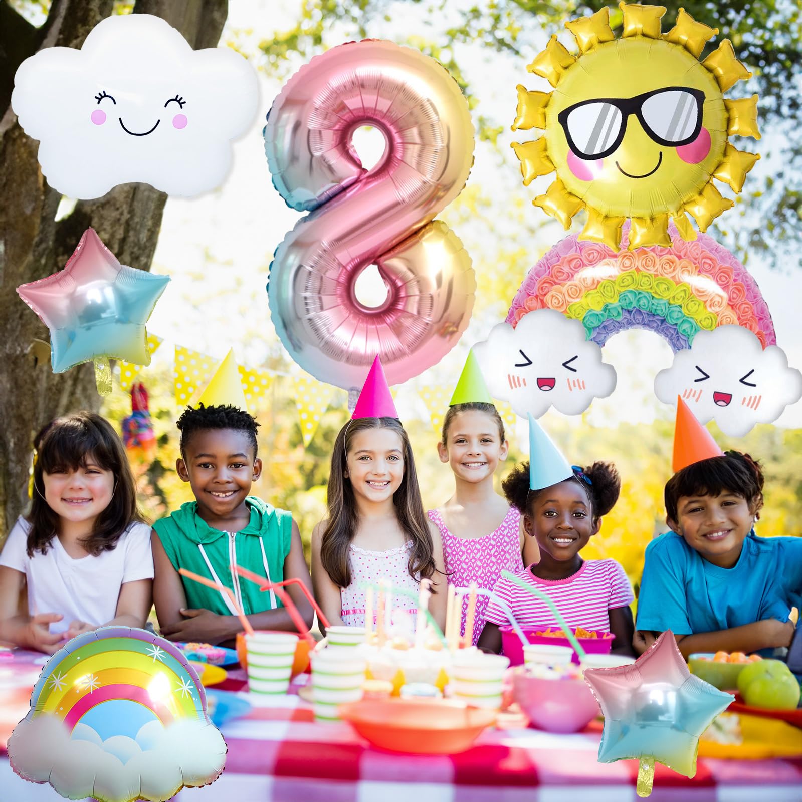 8 Jahre Regenbogen Geburtstag Deko für Mädchen - Folienballon, Sonne, Sterne Luftballons für 8. Geburtstag Mädchen