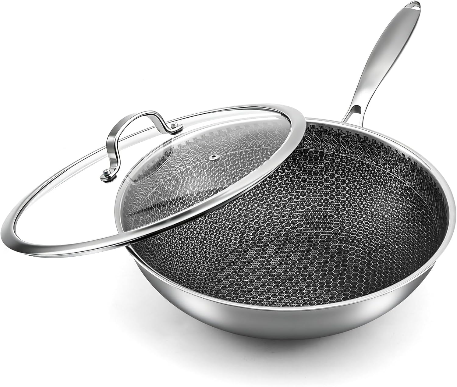 Wok de acero inoxidable 31 cm con tapa, antiadherente, para inducción