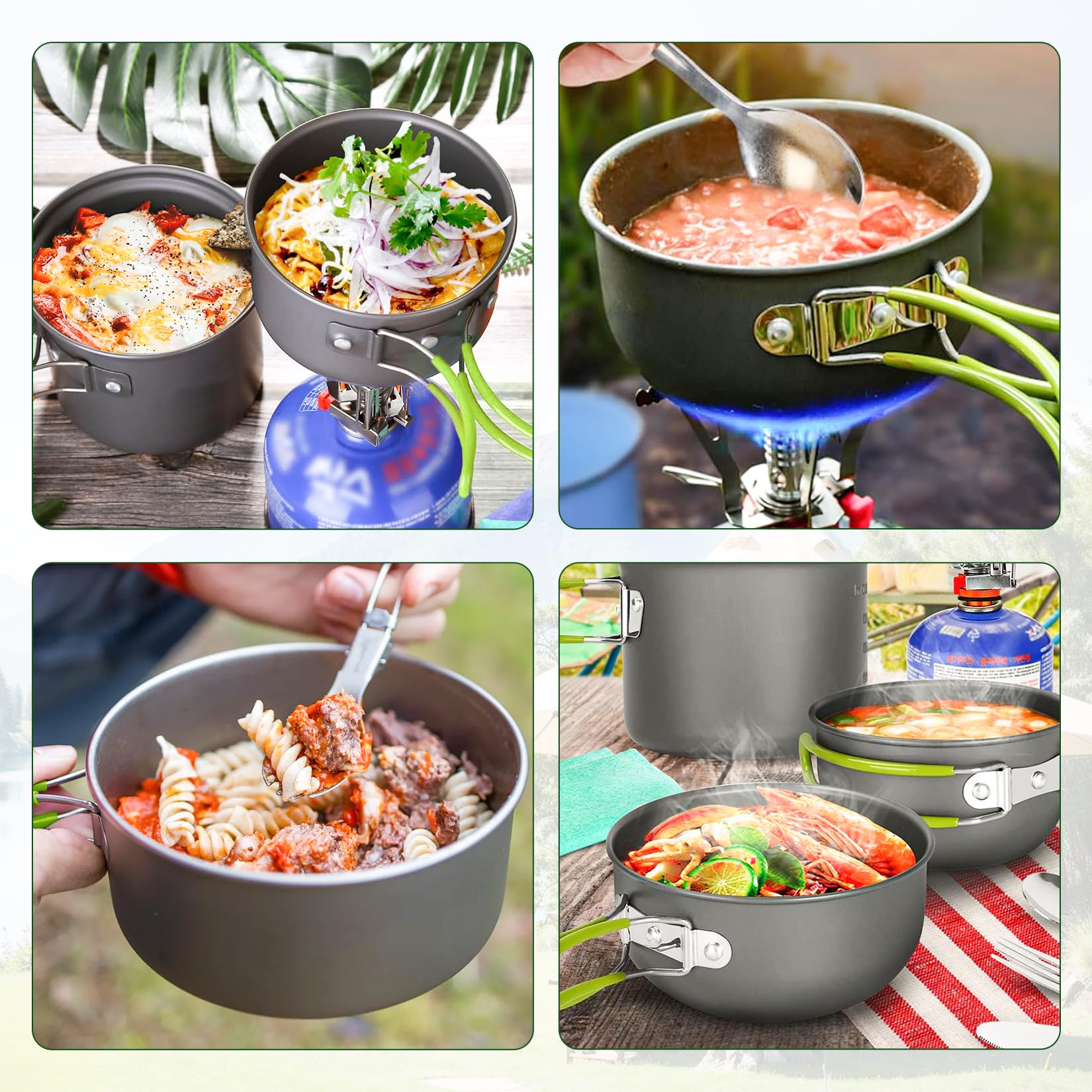 Herbst Camping Kochgeschirr Set, 11pcs Camping Geschirr Set mit Mini Campingkocher, Faltbare Gaskocher Topf und Faltbares Besteck, Faltbare Besteck Reinigungstücher für Outdoor Picknick und Wandern
