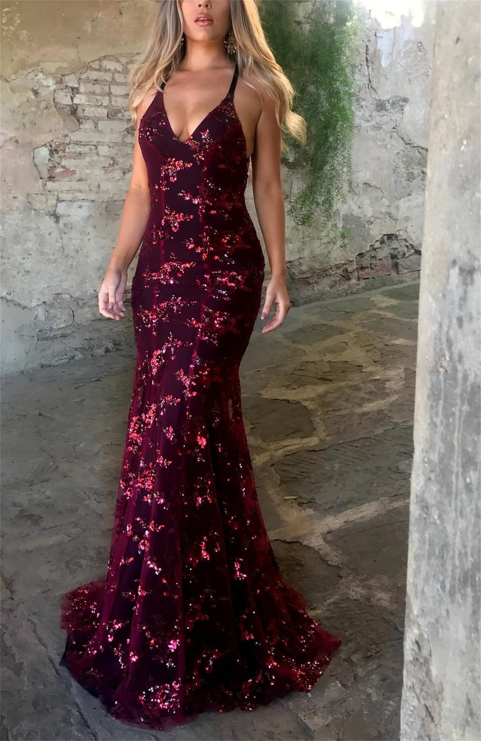 Damska cekinowa syrenka sukienki na studniówkę cekiny maxi siatka koronka dekolt w serek suknie wieczorowe formalne ramiączka spaghetti sukienka koktajlowa