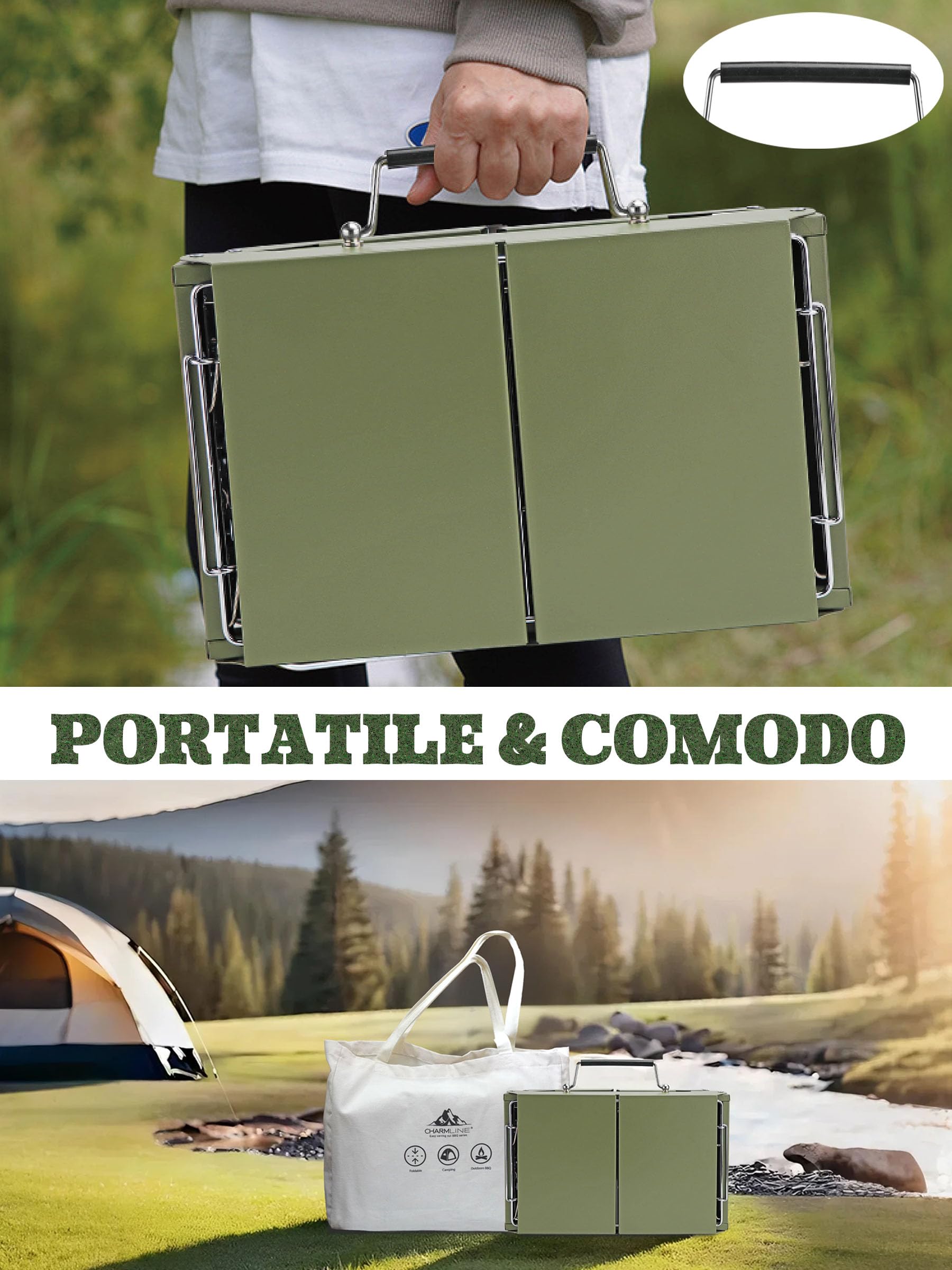 Charmline Griglia a Carbone Portatile Pieghevole 34x23 cm, BBQ Compatta per Campeggio Picnic Giardino