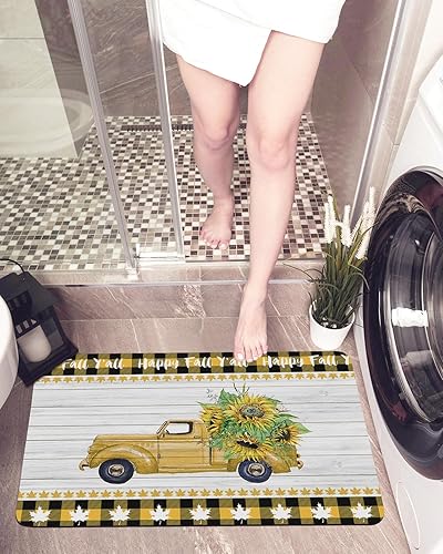 Bath Mat,Happy Fall Y'all Thanksgiving Truck Sunflower Maple Leaf Wooden Yellow Black Plaid Thin Mat Bathroom Quick Dry Rug Entrance Non Slip Rubber disponible en Yaxa Peru