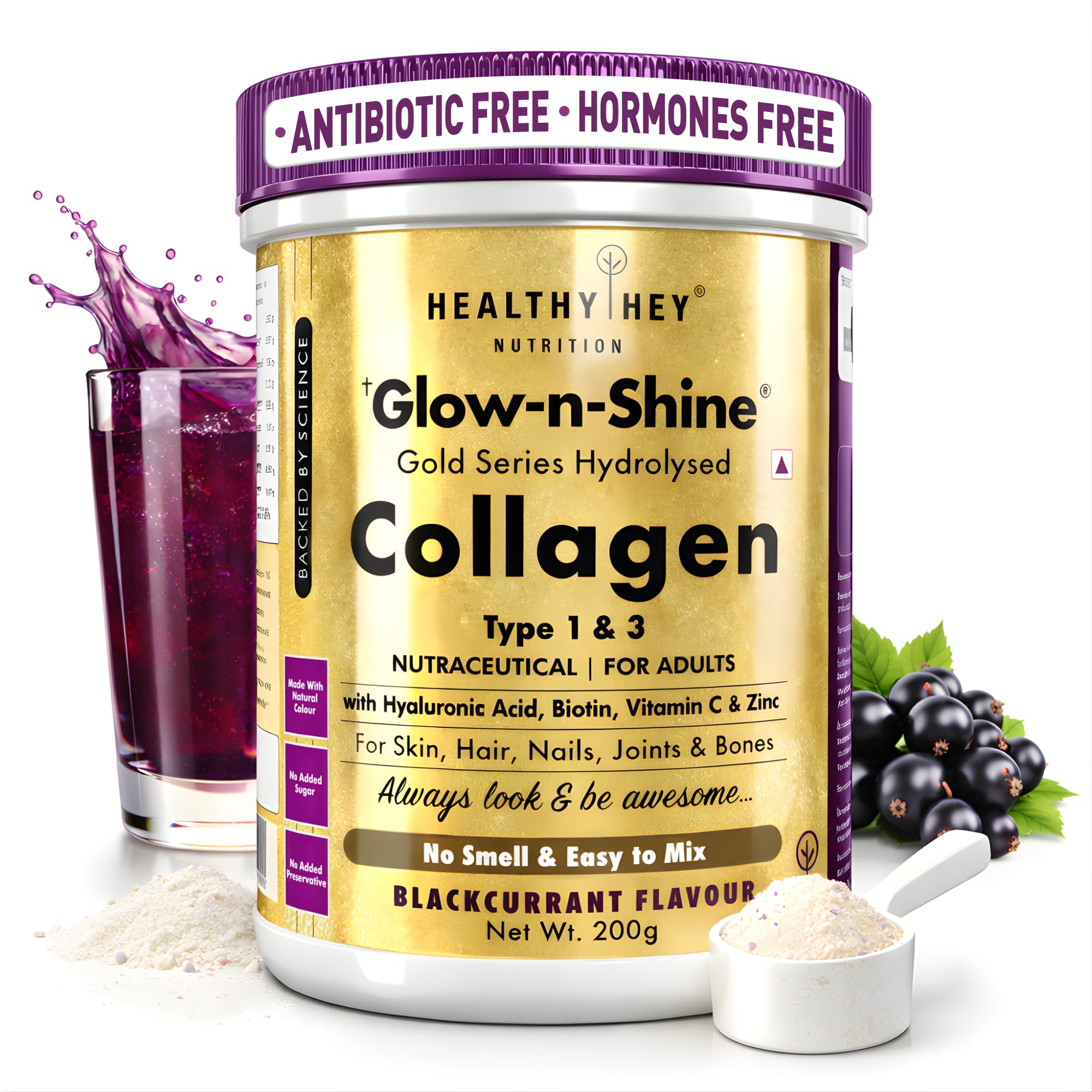 HealthyHey Skin Glow-n-Shine® Collagen Powder 200g | Hydrolysed Collagen for Women and Men with Hyaluronic Acid, Biotin and Vitamin C for Healthy Skin, Hair and Nails - (Black Currant, 200gm)