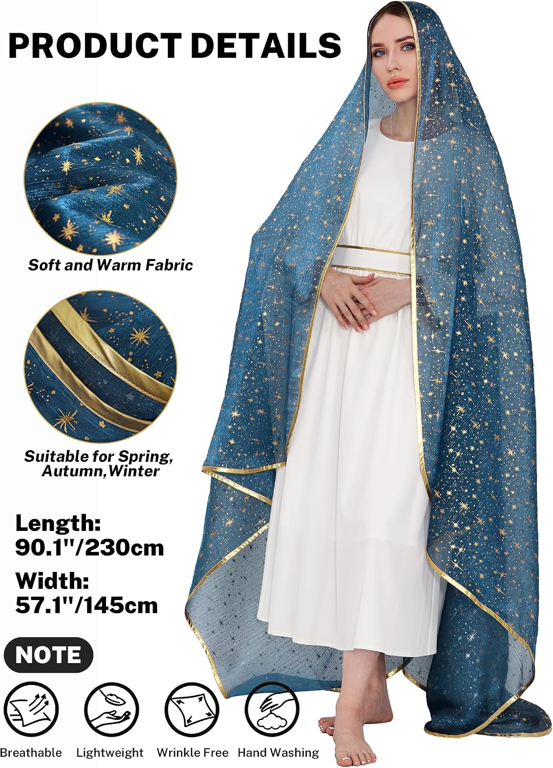 PROCOS Virgin Mary Blue Veil Shawl Wrap Virgen de Guadalupe Blanket Scarf with Stars for Womens Medieval Biblical Costume
