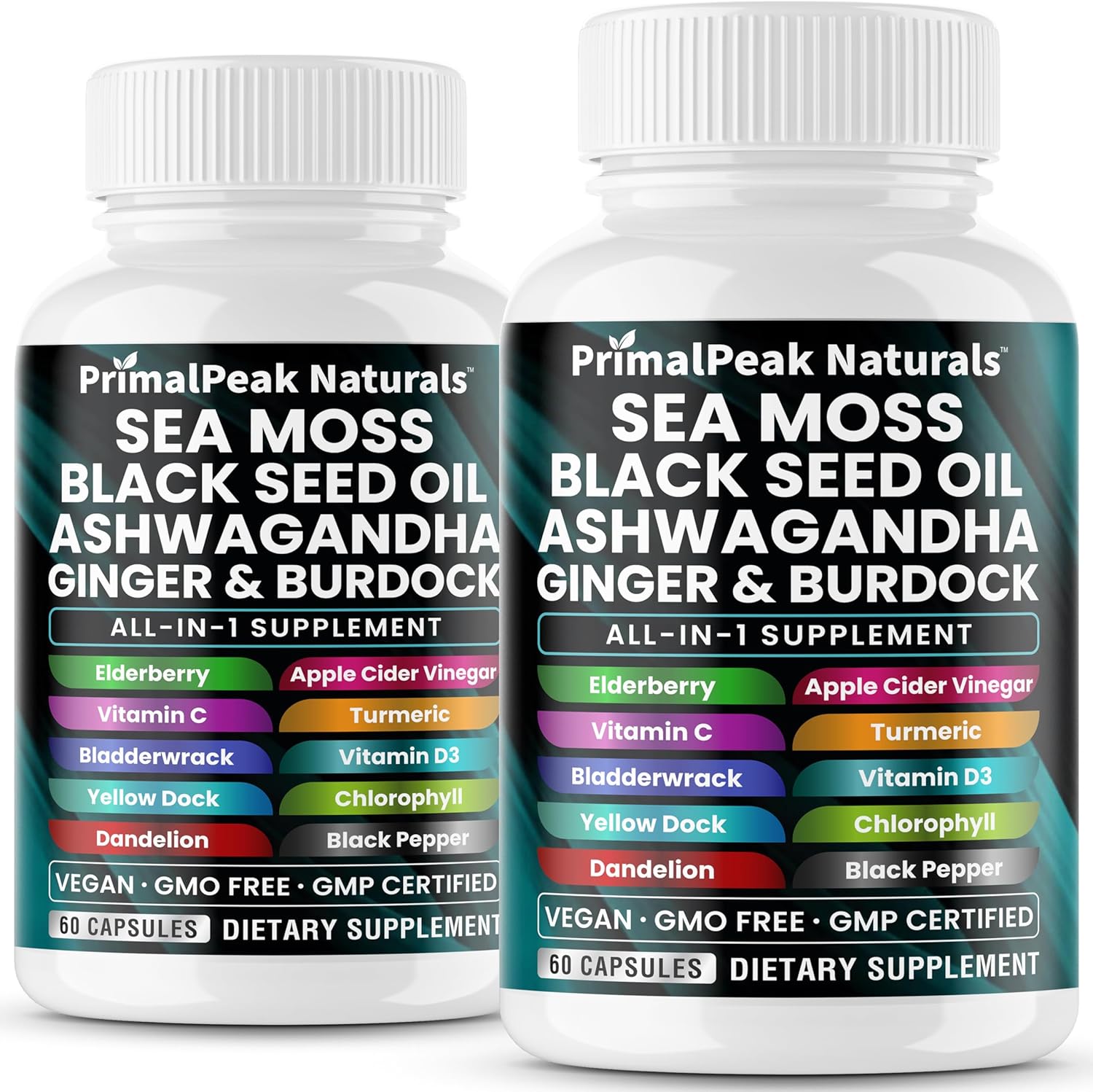 PrimalPeak Naturals Sea Moss Black Seed Oil Ashwagandha Ginger Burdock Bladderwrack Turmeric & Vitamin C Vitamin D3 with ACV Elderberry Chlorophyll Dandelion Yellow Dock Vegan Capsules - 120 Count
