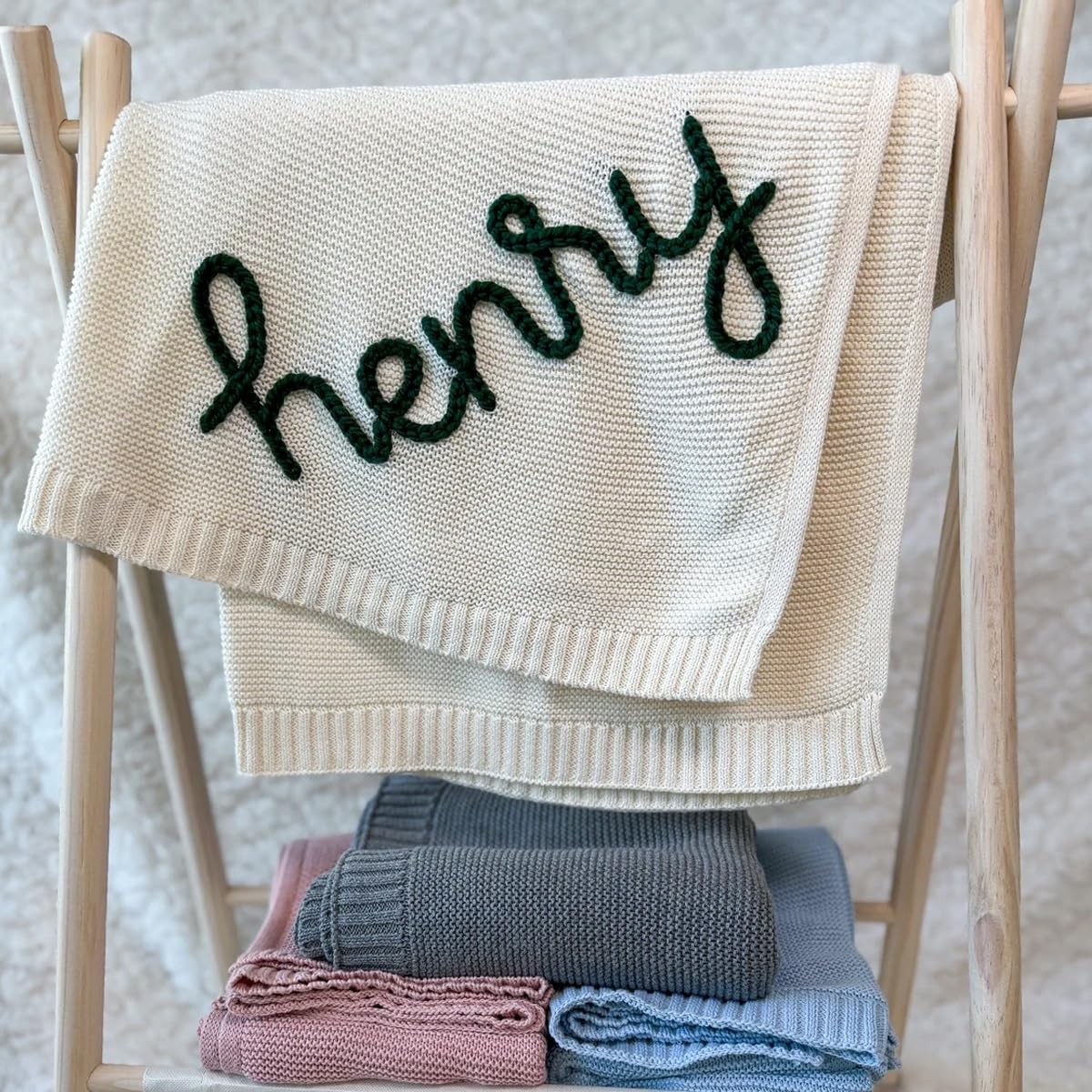 Herstl White Personalized Embroidered Baby Blanket, Soft Cotton Knitted Stroller Blanket With Name, Breathable Newborn Receiving Blanket, (White)