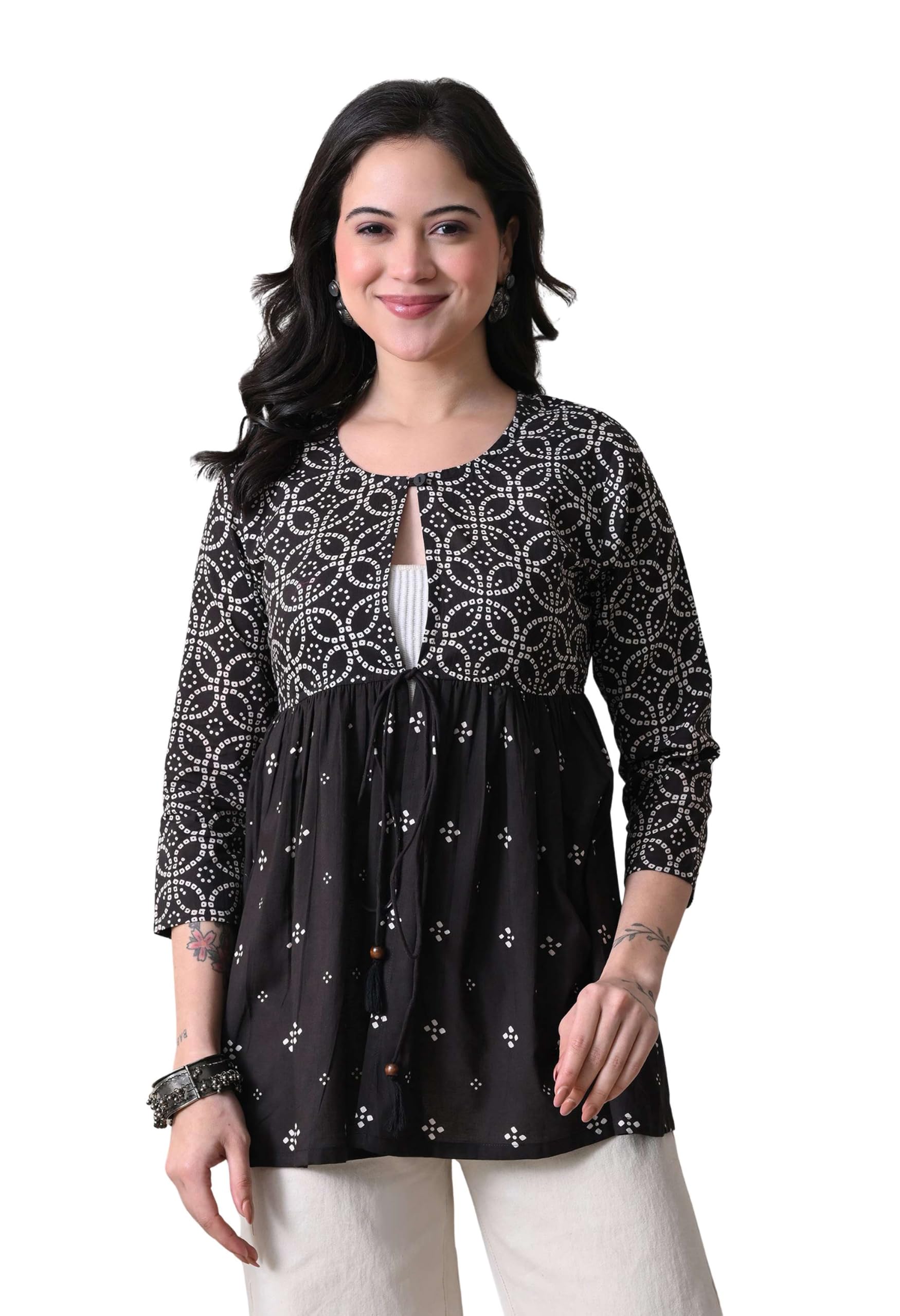 Women Cotton Peplum Shrug | Floral Printed Three-Quarter Sleeve Round Neck Tunic Shrug | Casual Shrug for Office-image-25