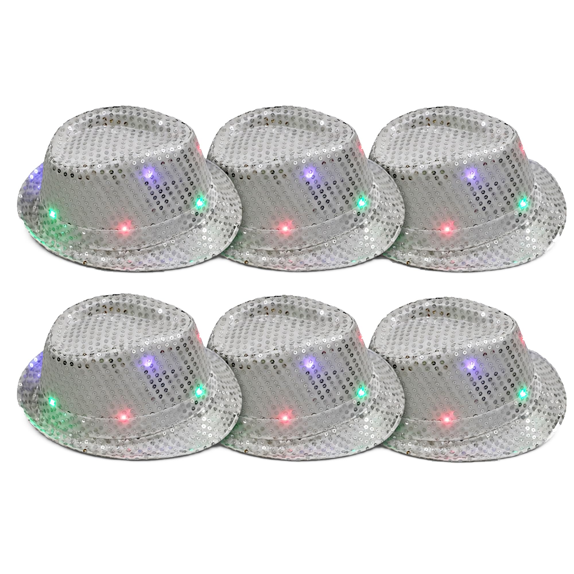 The Fancy Dress® Adult LED Light Up Sequin Trilby Hat, Women Men Multi-Function Fedora Flashing Jazz Hat Cowboy Hat Performance Props Party & Carnival Fancy Dress Up Hats Unisex, 6 Pack Silver — image 1