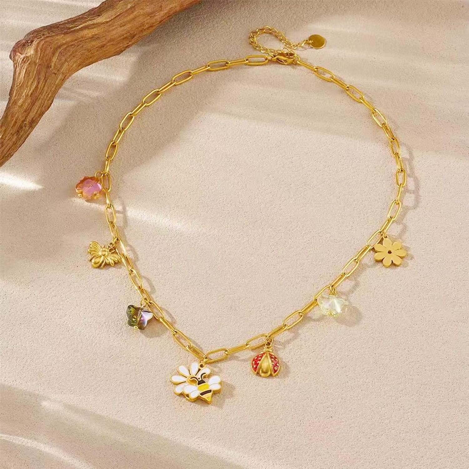 Boho Ladybug Butterfly Flowers Bees Pendant Charms Necklace for Women,Insects Holiday Stainless Steel Chain Surfer Jewelry Choker Necklace Adjustable - Image 5