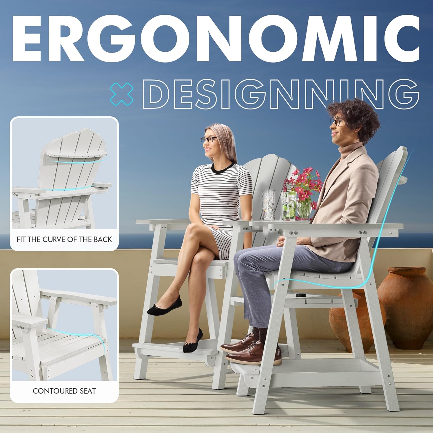 PatioPerk Tall Adirondack Chair Set of 4 with Double Connecting Tray, Recycled HDPE with Wood Grain, Weather Resistant, Outdoor Adirondack Chairs for Deck, Balcony, Patio, Backyard, White