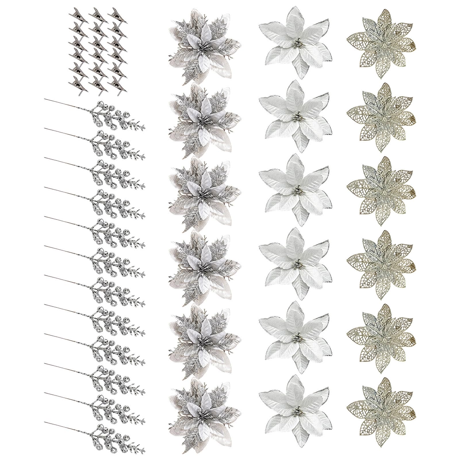 Holiday Poinsettia Ornament Clips, Glittered Fabric Floral Set for Mantels, Doorways, Trees, Retail Display Use Clip on Poinsettia Decorations Holiday Flower Clips Wreath Tree Mantel Doorway Wall Shop