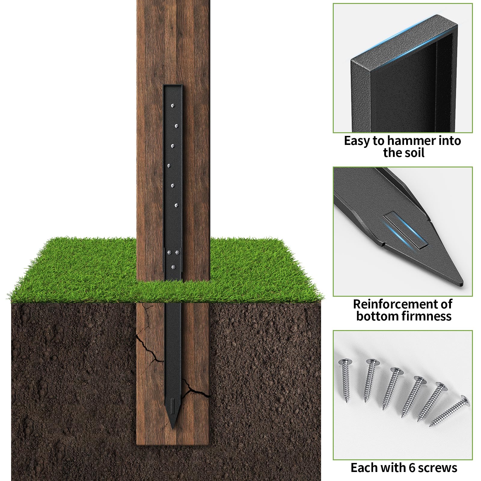 KHAMAL Fence Post Repair - 2 Pack Fence Post Stakes Ground Spike for Broken Wood Fence Post Quick and Simple to Install (Black) - Image 4