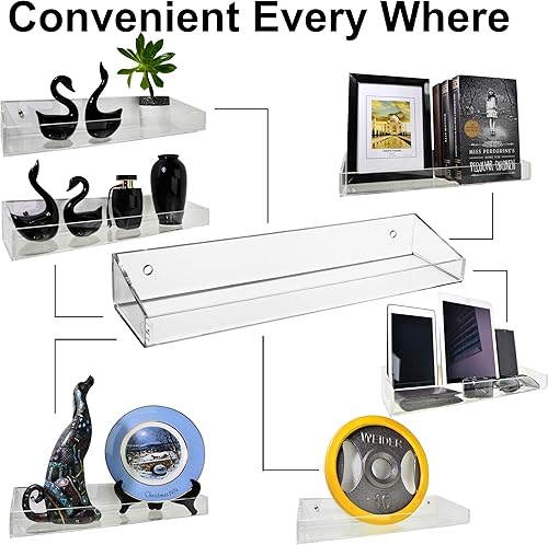 Miniatura 6 de AMT - Paquete de 4 estantes flotantes de acrílico, 15 pulgadas de largo x 4.8 pulgadas de ancho, estante de pared de baño transparente, estanterías,
