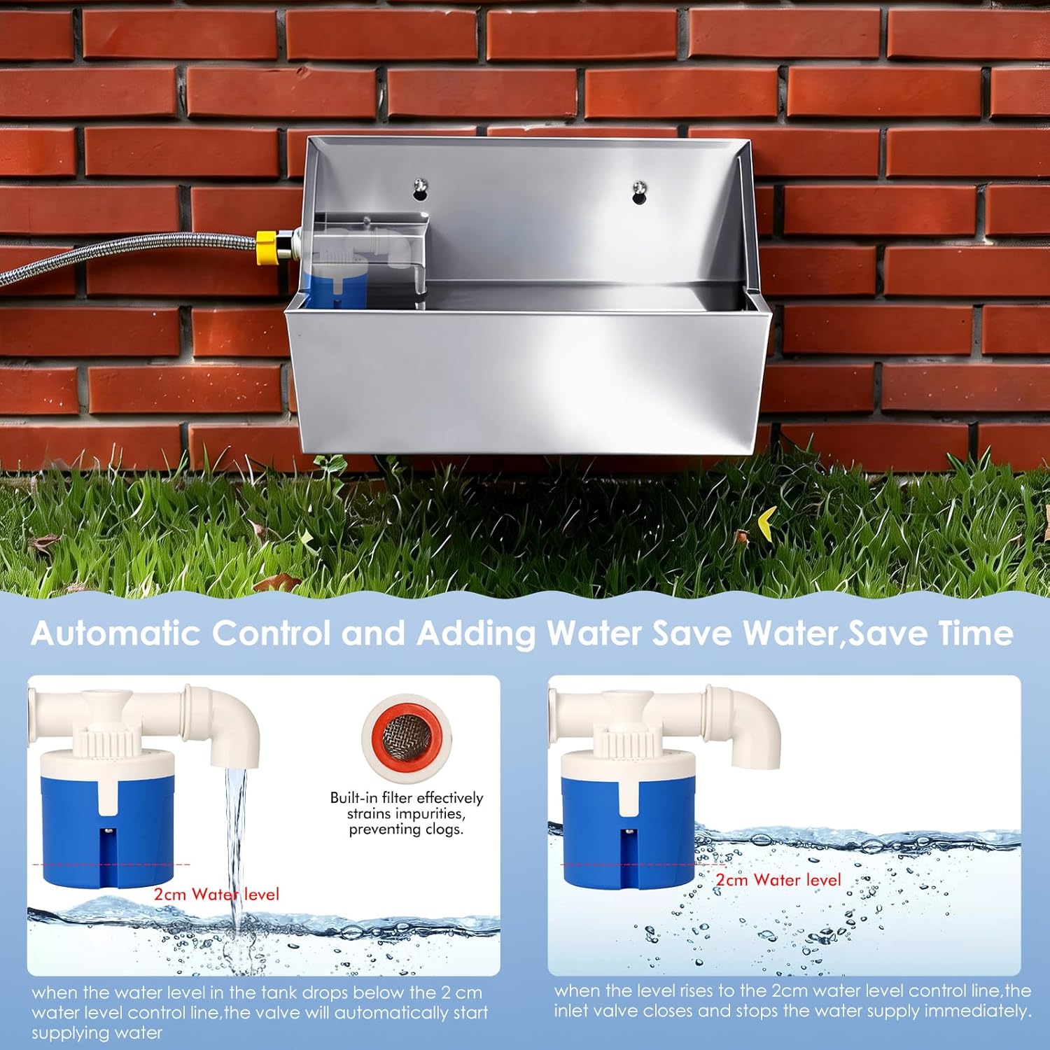 Automatic Water Dispenser for Large Dogs, 2.1 Gallon Stainless Steel Auto Water Bowl Self Filling, Waterer Feeder for Outdoor Animals Drinking, Chicken Livestock (Drainage Hole)