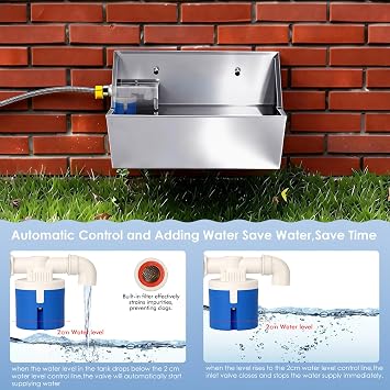 Automatic Dog Water Dispenser,2.1Gal Outdoor Dog Water Bowl with Float Valve,304 Stainless Steel Automatic Pet Waterer for Dog Cat Chicken Livestock (Drainage Hole)