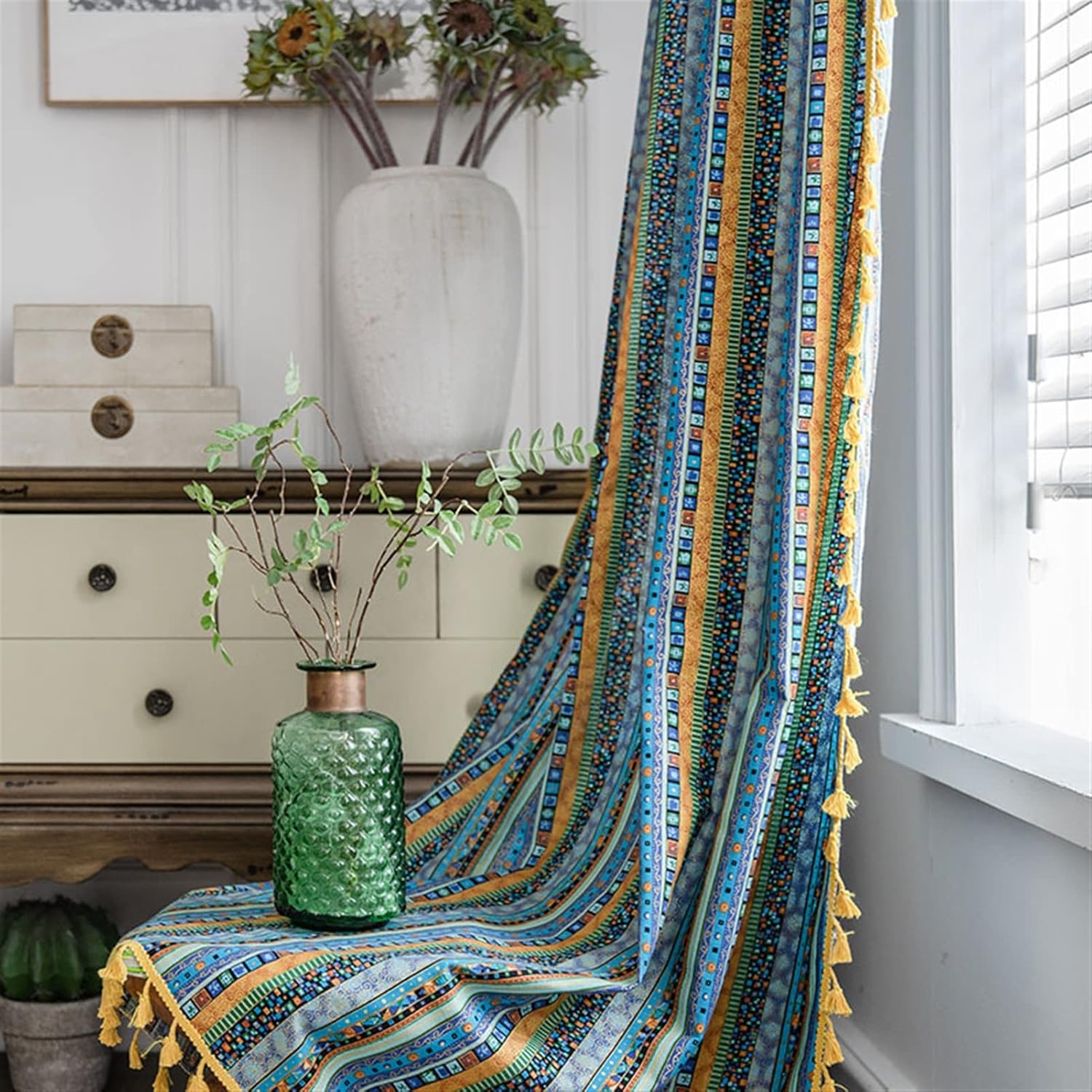 SK Studio Boho Curtains Semi-Blackout Window Curtains Cotton Tassels Farmhouse Rod Pocket Window Drapes with Embroidery for Bedroom Living Room Blue 1, 59" W x 63" L
