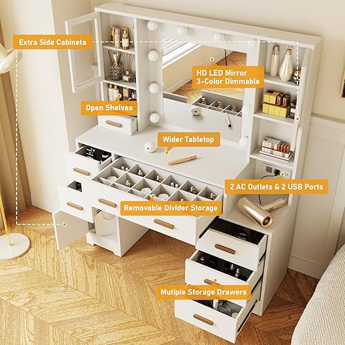 Miniatura 2 de Tocador de maquillaje de 48.8 pulgadas, escritorio grande con espejo y luces, escritorio de maquillaje con estación de carga, tocador con 7 cajones