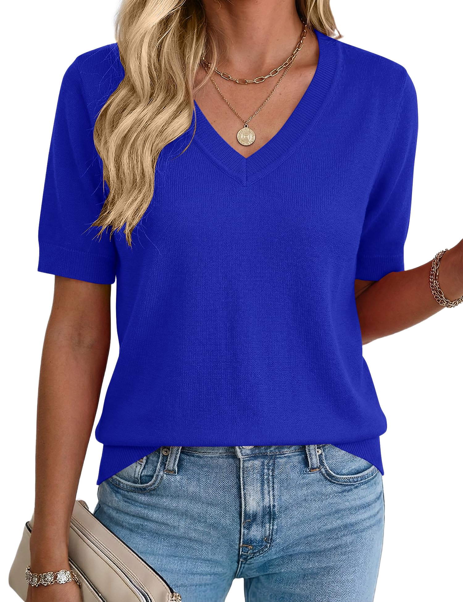 Rapbin Womens Short Sleeve Sweater Summer V Neck Tops Casual Knit Shirts Lightweight Pullover Top