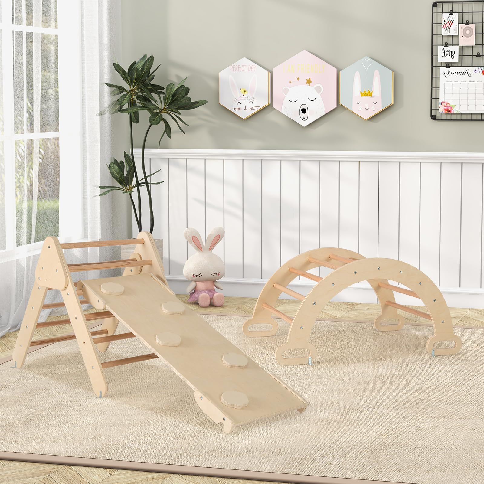 GOPLUS 7 en 1 Triángulo de Escalada para Niños de 1 Año, Montessori Escalador con Tobogán Rampa Arco, Juguetes de Escalada de Madera, Slide Aprendizaje para Guardería Casa, Carga 50 kg (Natural)