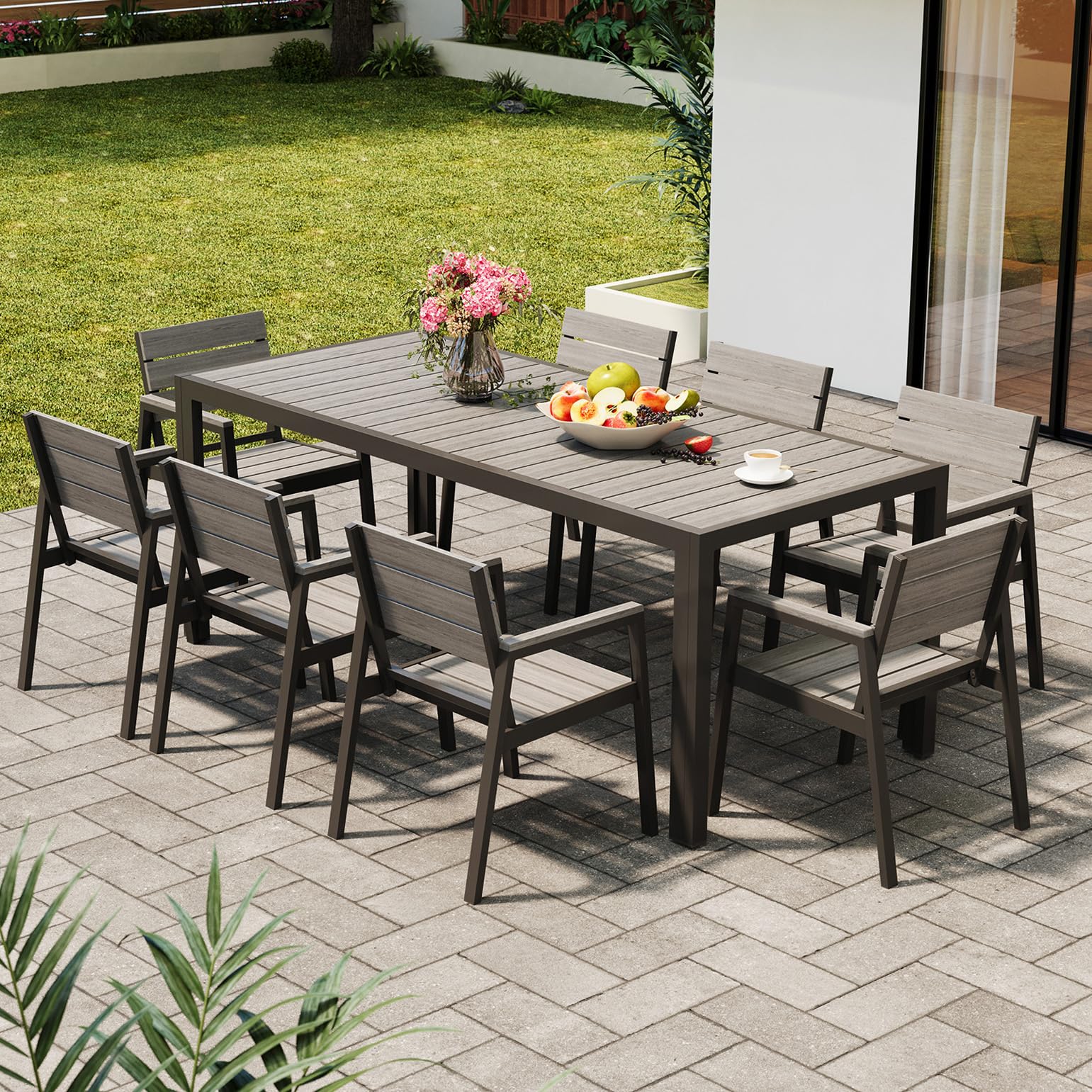 Devoko Gartenmöbel Set 8 stühle mit tischt, Hochwertiges Gartenset Tisch und stühle in Holzoptik, Balcony Furniture alu, Gartengarnitur wetterfest, rostfrei, leicht und langlebig, Dunkelgrau.