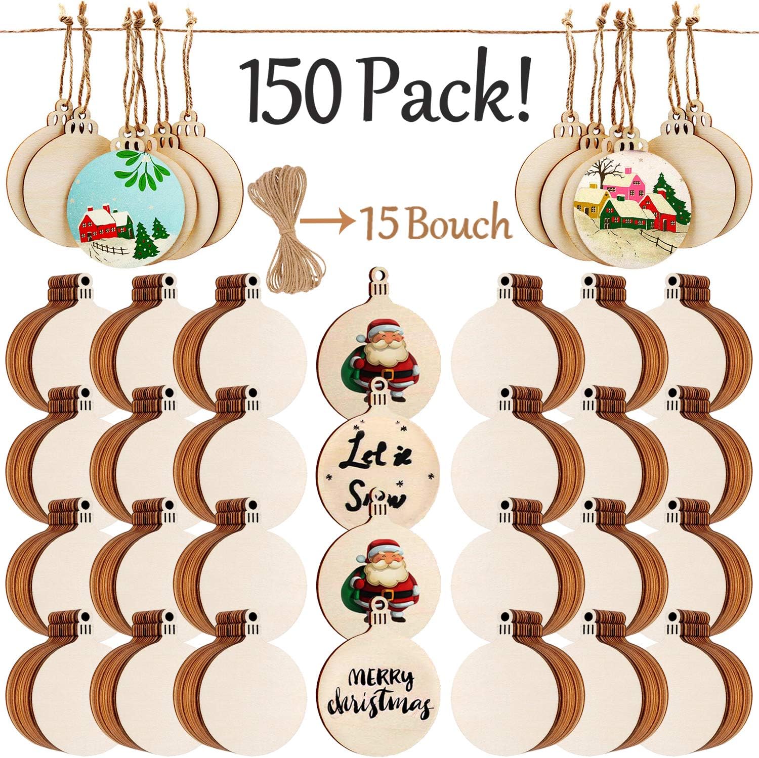 PartyYeah 150Pack Christmas Wood Slices with Twines, 3.15inch Xmas Valentine Ornaments Ball Wooden Round Baubles, Ideal Christmas Tree Hanging Decor& Art Crafts DIY Gift (Round Shape, 150 Pack)