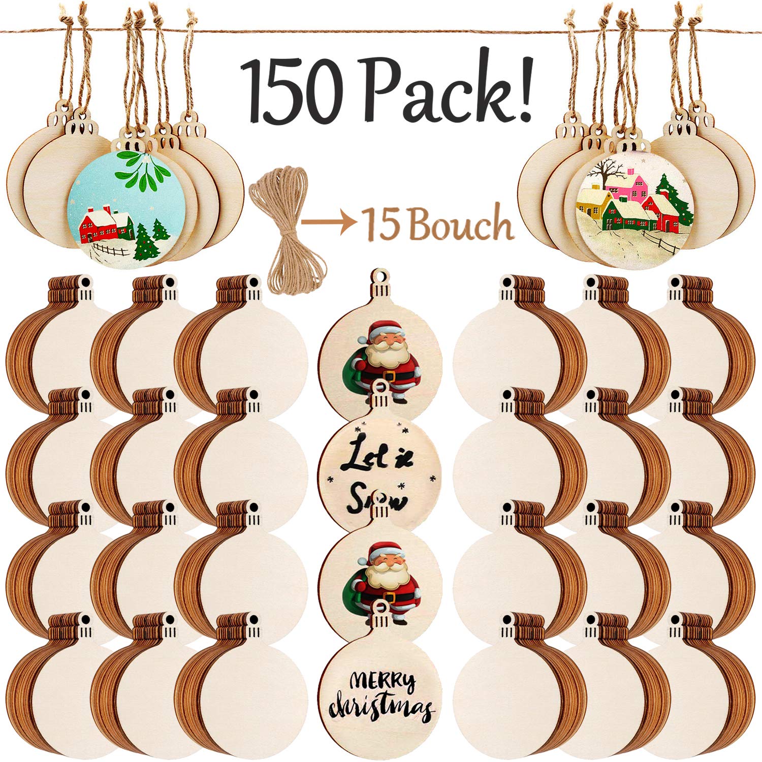 PartyYeah 150Pack Christmas Wood Slices with Twines, 3.15inch Xmas Valentine Ornaments Ball Wooden Round Baubles, Ideal Christmas Tree Hanging Decor& Art Crafts DIY Gift (Round Shape, 150 Pack)