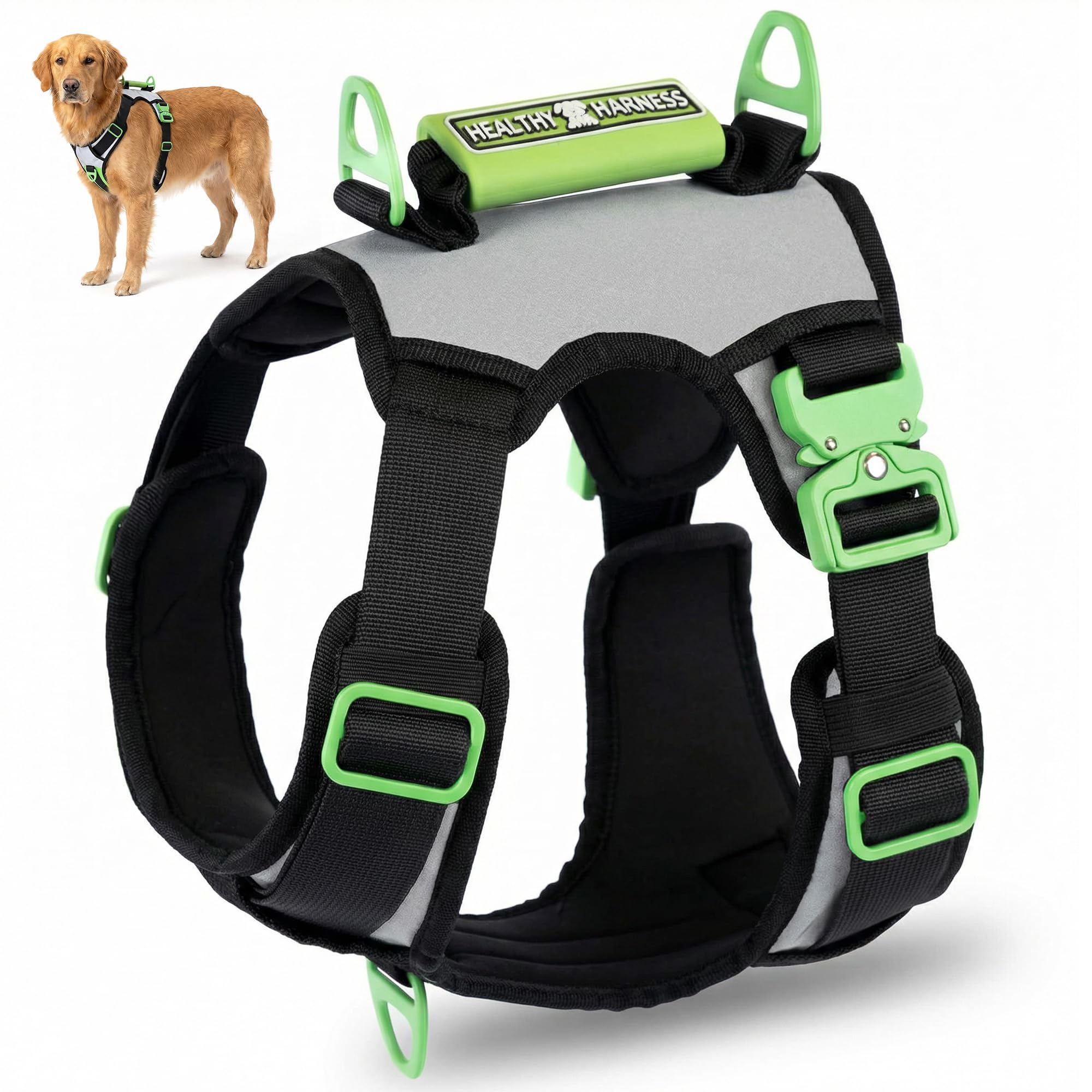 Supreme Sport Dog Harness - Heavy Duty/No Choke/Pull/Escape Dog Harness with Adjustable Padding, Easy On/Off, High Strength Metal Buckles, Emergency Handle and 3 Connect Points (Silver, S)