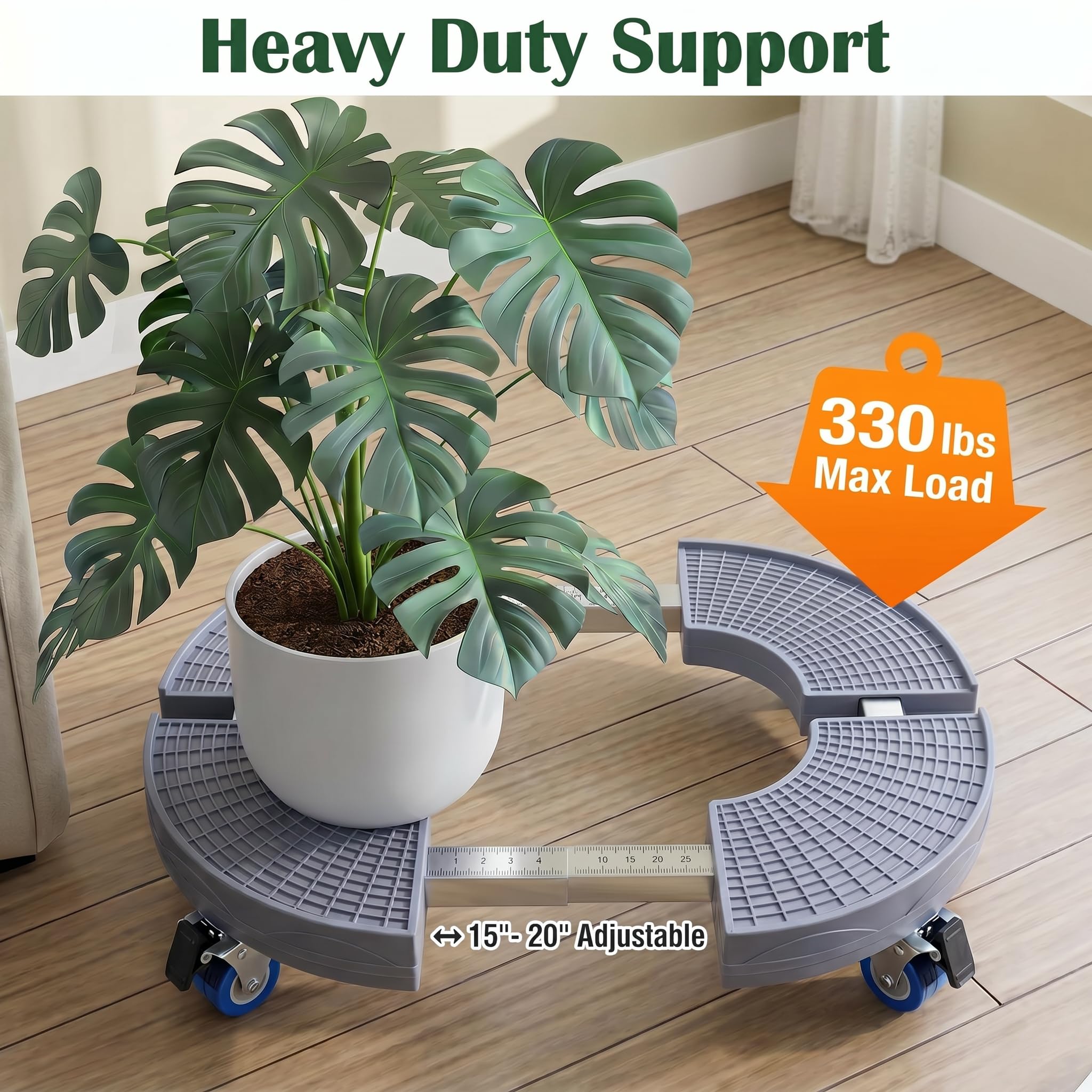 K KASONIC Pack de 2 Supports Roulants 150kg Réglable 37-43cm pour Pots | Plateau à Plantes avec 4 Roulettes, pour Intérieur et Extérieur, Inclut 5M de Liants Végétaux Déchirables