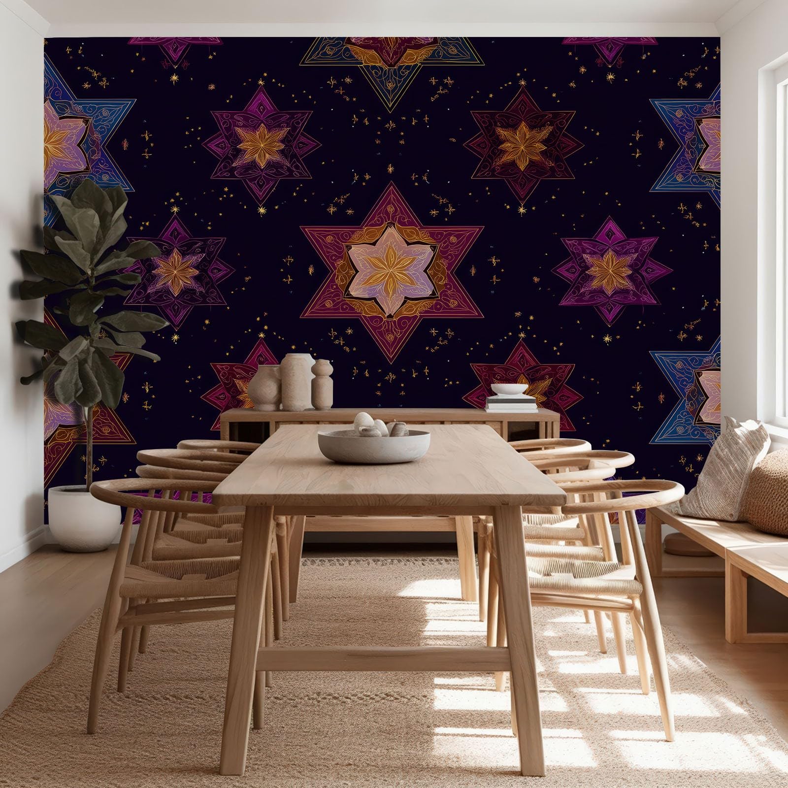 Geometryczny gobelin ścienny z włókniny w gwiazdki kwiaty łatwy do nałożenia - wielokolorowa tapeta na zamówienie 350 l x 256 cm, zmywalny plakat XXL do pokoju dziecięcego i restauracji