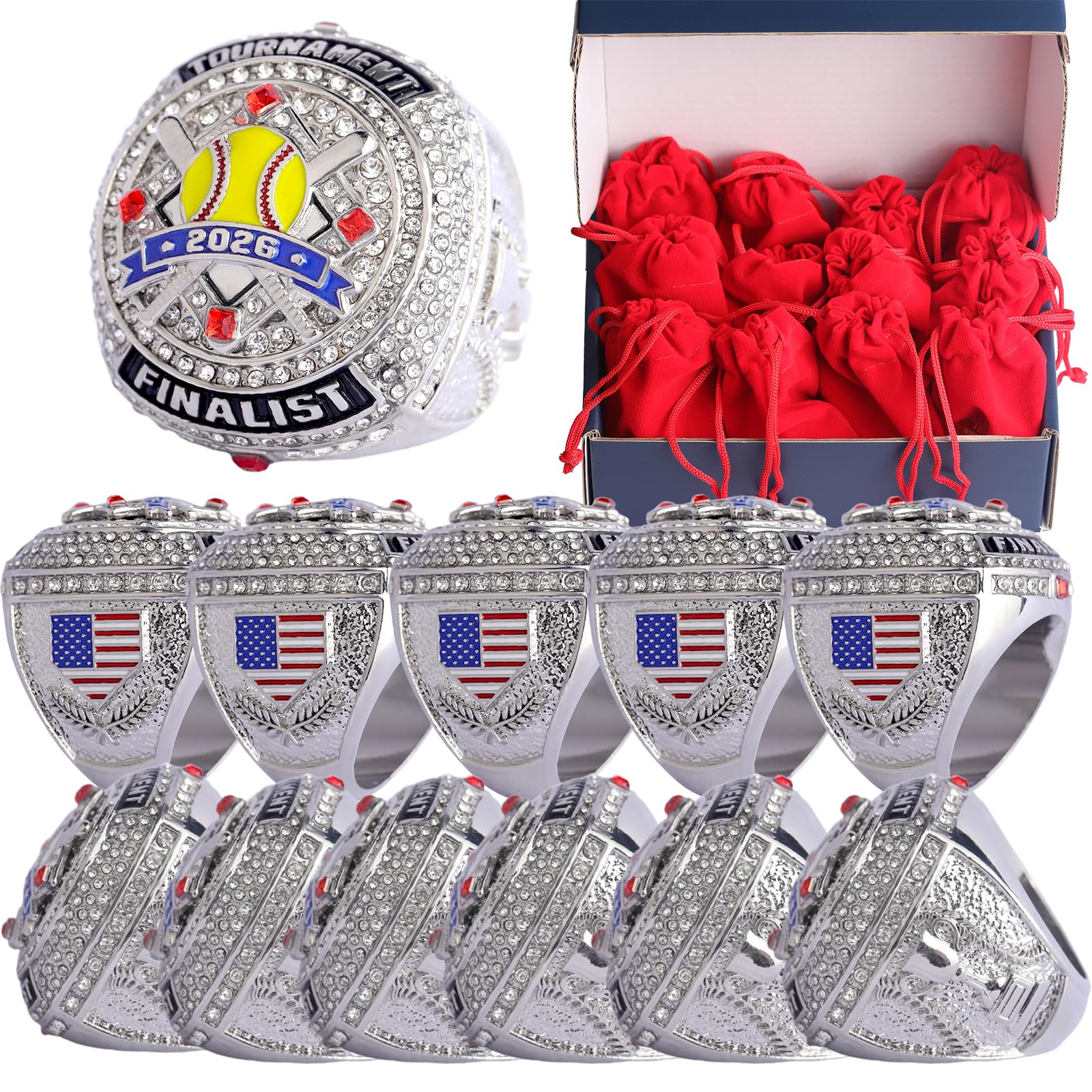 2 pcs Pack or 12 pcs Pack Softball Championship Trophy Ring Award Gift for Tournament Champion Team palyers Awards Trophy on Side Size 9.5 (12 pcs Silver 2026" Finalist Rings)