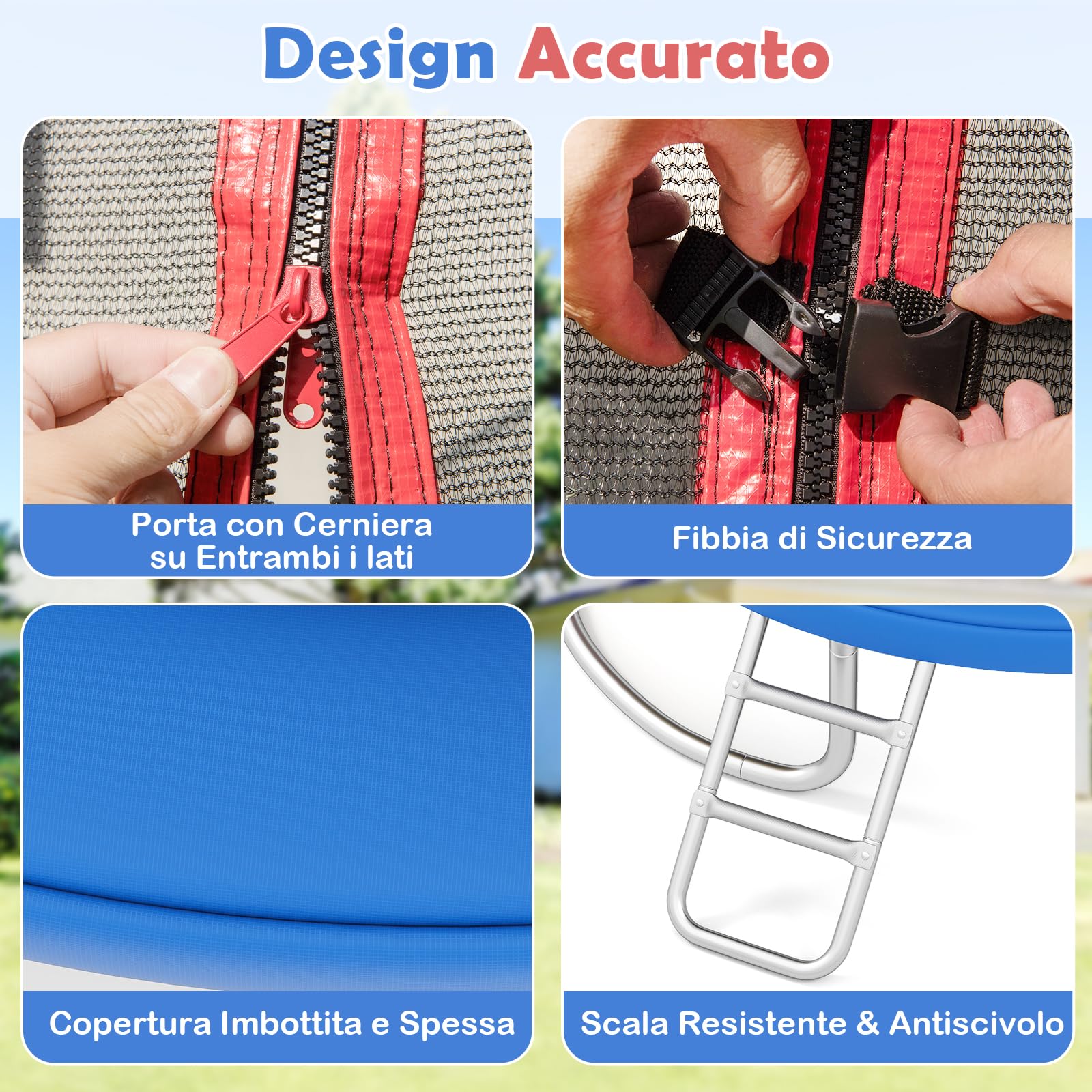 COSTWAY Trampolino Elastico per Bambini e Adulti 244 cm/305 cm/366 cm, Tappeto Elastico da Esterno con Rete di Sicurezza, Scala e Telaio in Acciaio Zincato Antiruggine