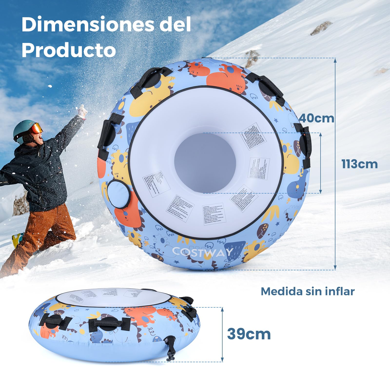 COSTWAY Tubo de Nieveφ132 cm, Oxford, Trineo de Nieve Inflable con Asas Resistentes E Inflador Manual, Carga hasta 100kg, Tubo de esquí Inflable Niños y Adultos
