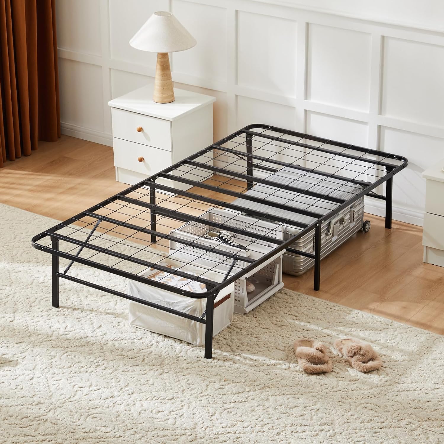 Bed Frame Twin Size Foldable Bed Frame Tool-Free Heavy Duty Metal Platform Bed Frame Underbed Storage 14 Inches High Bed Frame No Box Spring Needed Black Sturdy Steel Bed Frame Twin Black Mesh