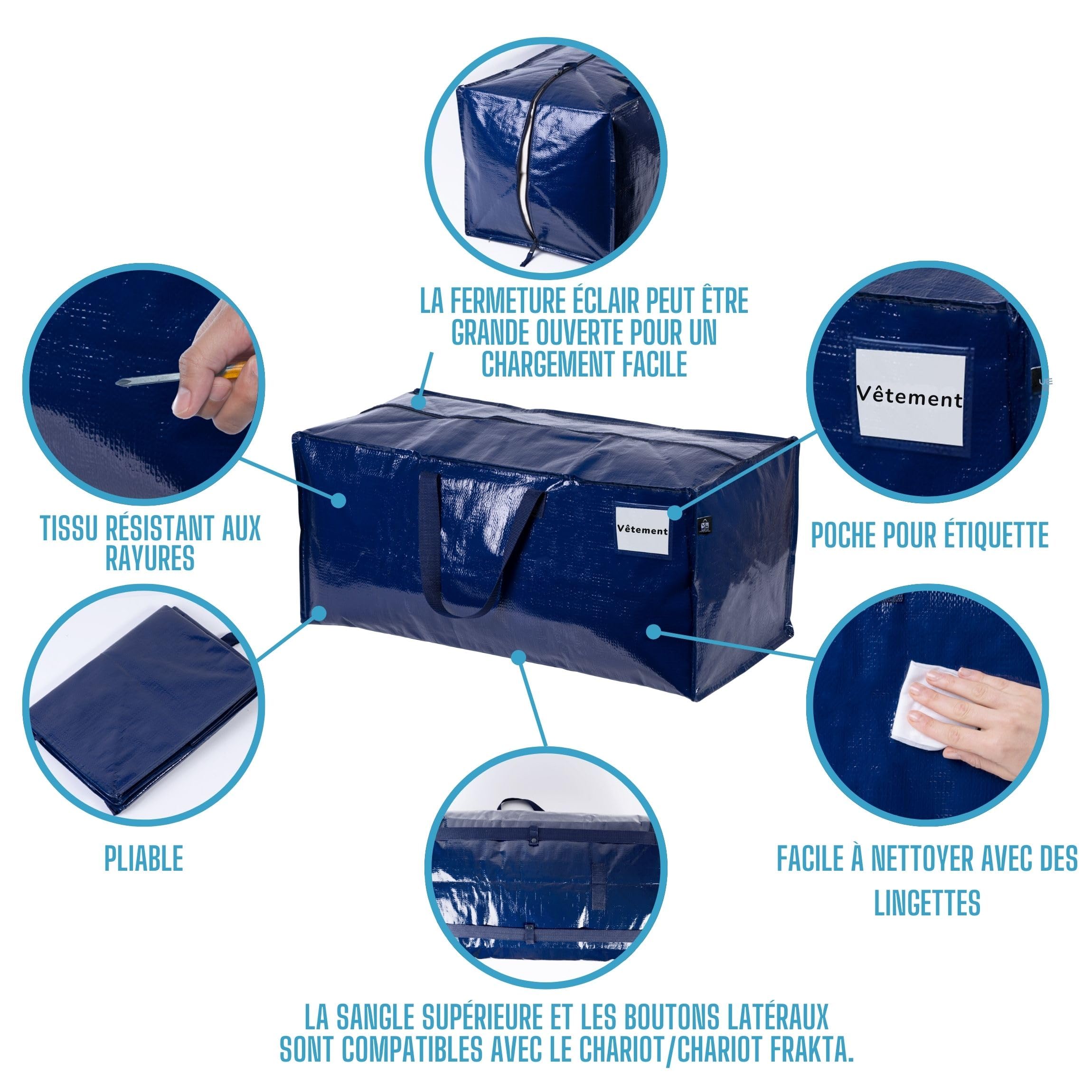 VENO Lot de 4 Sac Rangement Vêtements grand, Sacs Déménagement Pliable avec Sangles de Sac à Dos et Poignées Solides, Alternatives aux Cartons de Déménagement (Bleu, Lot de 4)