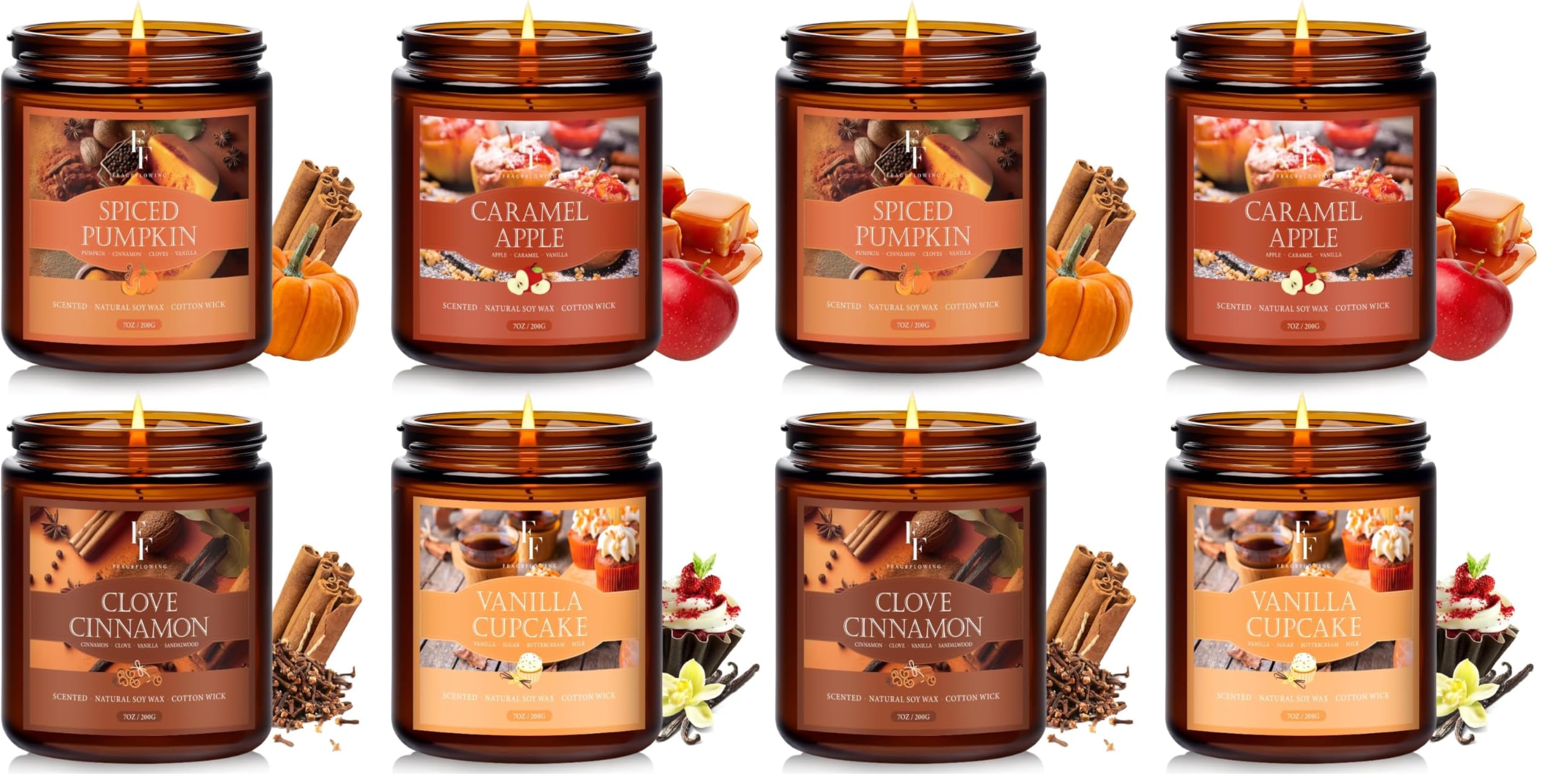 Fall Candles Set, 8 Pack Candles for Home Scented Natural Soy Wax, Autumn Gifts Set for Women Men, Fall Fragrance of Pumpkin/Cinnamon/Vanilla Cupcake/Apple