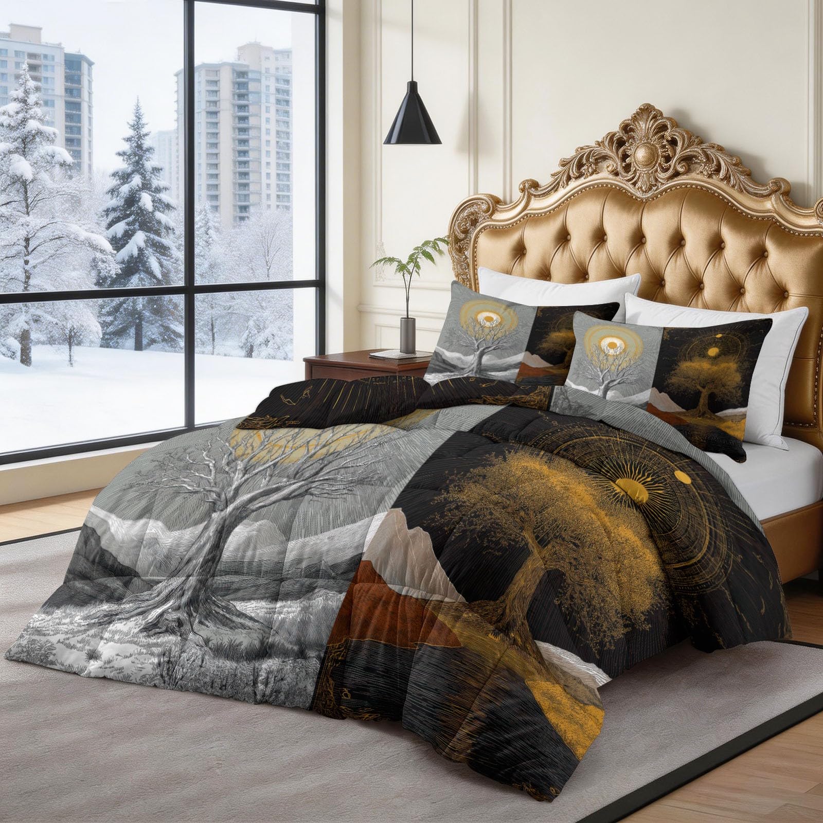 Piumone Invernale Matrimoniale 220 x 240 cm Fantasia Natura Alberi Secolari Trapunta in Ecopiuma 400 gr/mq, Caldo ed Elegante – Biancheria da Letto Anallergica e Traspirante – Set 3 Pezzi, Grigio